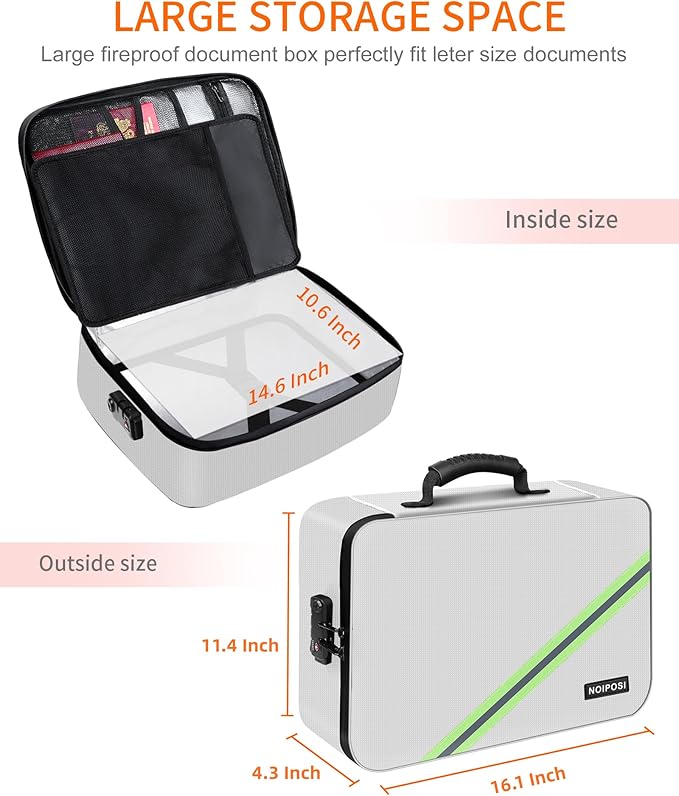 Noiposi Document Organizer with Lock,16.1"x11.4"x4.3" Waterproof and Fireproof Document Box,Portable Home Travel Safe Storage Box for Important Documents,File and Birth Certificate,Silver - Image 6