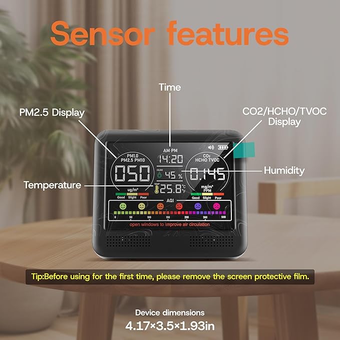 16-in-1 Indoor Air Quality Monitor with PM1.0,PM2.5,PM10,CO2,HCHO,TVOC,Temperature,Humidity,Time Display &7 AQI Alarms – Professional Air Quality Tester for Home, Office & Indoor Use (Shinning Black) - Image 5