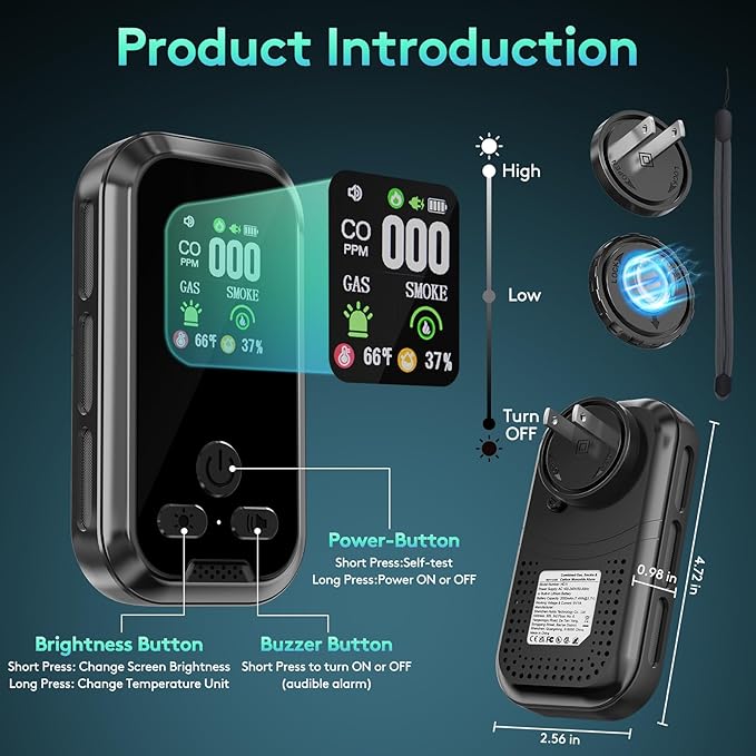 2 Packs, Plug-in Carbon Monoxide Detector, 5-in-1, with HD Display, 3Icons, for Gas, CO, Smoke, Display Temperature, Humidity, 100dB Alarm,Built-in Battery for Portable Use, Display Power Level,Black - Image 5