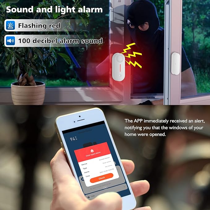 WiFi Door Sensor Alarm: Smart Door Window Sensor with 90db Alarm & App Notification, Wireless Door Open Contact Sensor for Home Security Burglar Alert Compatible with Alexa Google Home (1pack) - Image 2