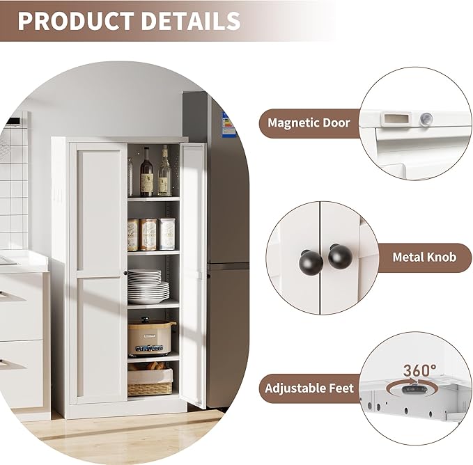 Kitchen Pantry Storage Cabinets with 4 Adjustable Shelves, 61" Tall Kitchen Cupboard Metal Food Pantry Cabinet for Kitchen, Dining Room, Living Room and Bathroom, Assembly Required(White) - Image 7
