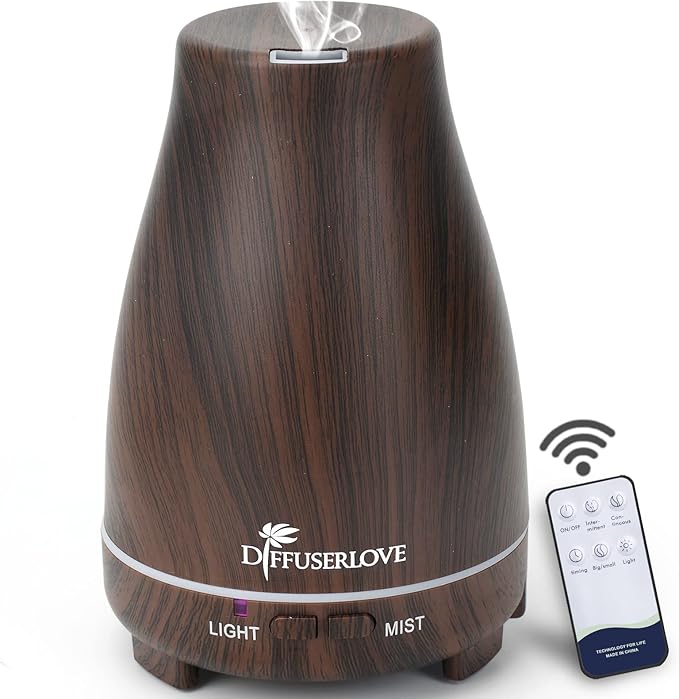 Diffuserlove Essential Oil Diffusers 200ML, Remote Control Aromatherapy Diffuser with 7 Color Lights, Auto Shut-Off for Bedroom Office Kitchen (Black Wood Grain) by Diffuserlove