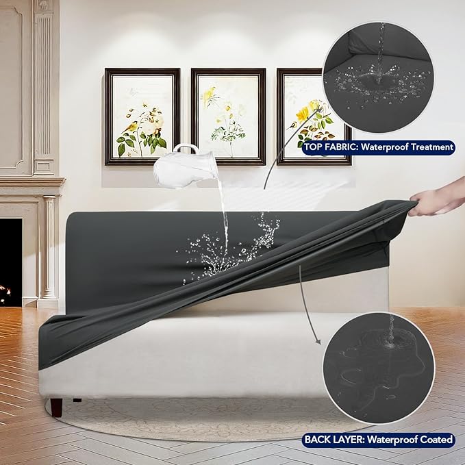 PureFit 100% Dual Waterproof Futon Cover - Stretch Non Slip Fleece Sofa Protector for Couch, Washable, Leakproof Furniture Cover for Kids, Pets, Dog (Dark Gray) - Image 3