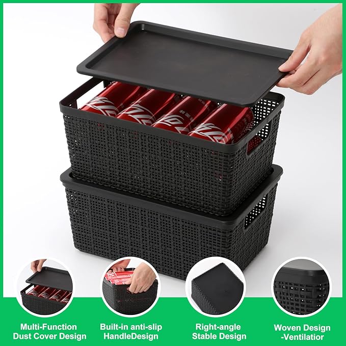 6 Pack Plastic Storage Baskets With Lids,Black Breathable Stackable Storage Bins,Small Storage Containers,for Organizing Storage Baskets on Desktops,Closets,Playrooms,Classrooms,Offices - Image 4