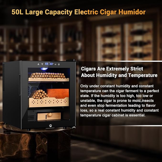 Electric Humidor for Cigars, 50L 300 Counts Large Capacity, Thermostatic Electric Cigar Cooler Cabinet with Spanish Cedar Wood Shelves, Digital LED Screen, Smart Humidity & Temp Control, Gifts for Men - Image 2