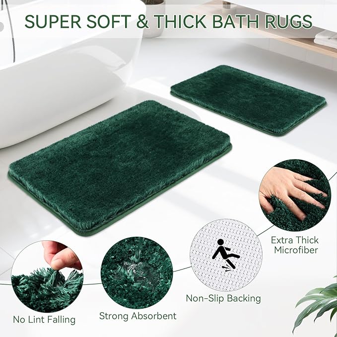 Green Bathroom Set, Dark Green Bathroom Accessories Set with Shower Curtain and No-Slip Bath Rugs, Natural Loofah Sponge, Soap Dispenser, Toothbrush Holder, Bathroom Tumbler and Tray for Bathroom - Image 4