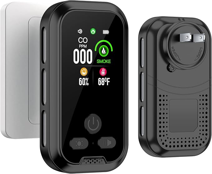 4IN1 Plug in Smoke & Carbon Monoxide Detector Combination Builti-in 2000 mAh Backup Battery HD Screen [Smoke CO Temp Humidity Sensor] Alarm for Home Travel Hotel Indoor (Black) by HAKINAKU