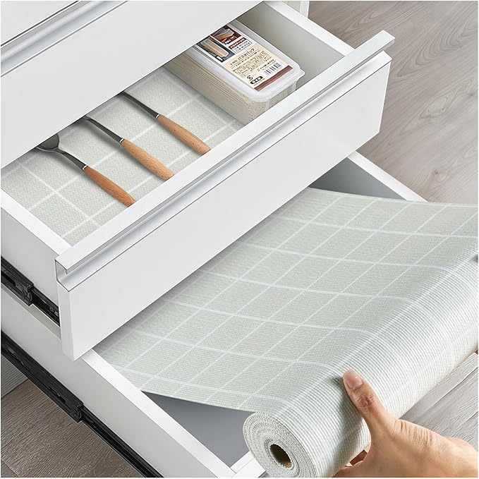 Drawer and Shelf Liner, Non-Slip Kitchen Cabinet Liners Non-Adhesive Thick Strong Grip Waterproof Washable Mats Protect Dresser Shelves Cupboard Bathroom Cabinets, Light Green, 18 in X 10 FT by ALIUNI