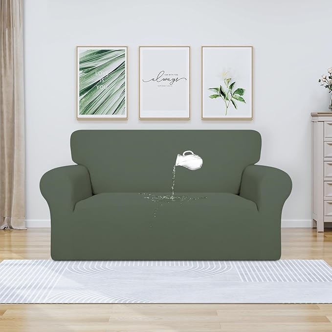 PureFit 100% Dual Waterproof Couch Cover Slipcovers for Couches and Sofas - Stretch Non Slip Fleece Sofa Covers Washable, Leakproof Furniture Protector for Kids, Pets, Dog (Loveseat, Greyish Green) - Image 2