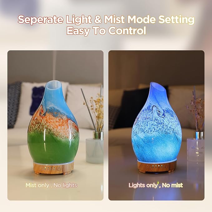 Vase Aroma Essential Oil Diffuser 160ml Art Glass Ultrasonic Cool Mist Scent Aroma Diffuser, Intermittent with Auto Shut-Off Timer Setting &7 Colors Night Light for Home-Ends of The Earth - Image 5