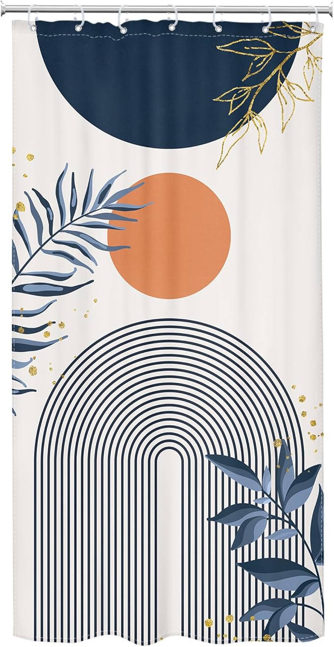 Small Stall Boho Shower Curtain 36Wx72H Navy Blue Modern Bohemian Mid Century Gold Leaves Orange Minimalist Geometric Bathroom Decor Half Narrow Bath Curtain Fabric Polyester 7 Pack Hooks - Image 6