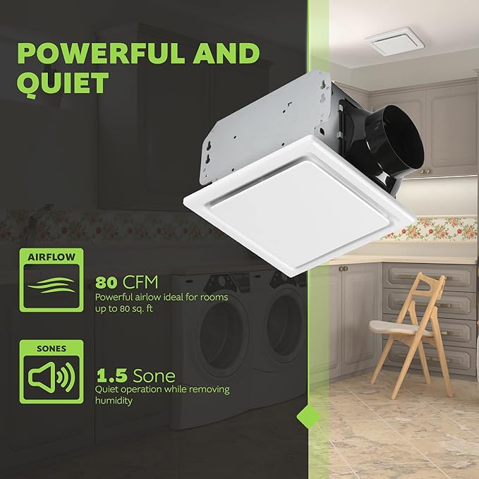 Homewerks 7140-80 Bathroom Fan Ceiling Mount Exhaust Ventilation, 1.5 Sones, 80 CFM, White - Image 3