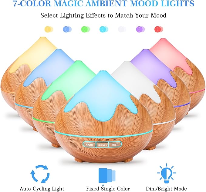 500ML Essential Oil Diffuser, Aromatherapy Diffuser with Remote Control, Multifunctional Air Diffusers for Home Office Room, Fragrance Aroma Diffuser with 7 Color LED & 2 Mist Mode, Light Brown - Image 2