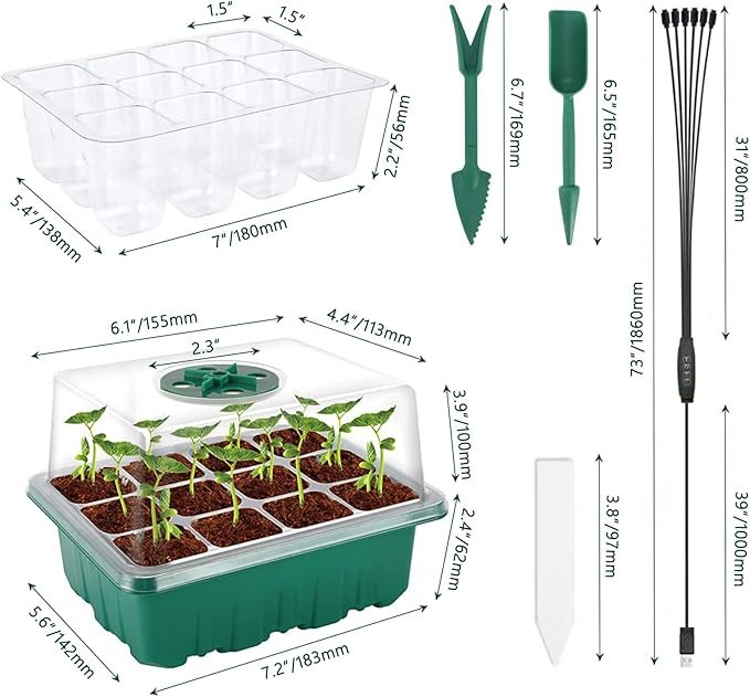 Seedling Starter Tray 6 Packs Seed Starter Tray with Grow Light, Smart Controller Seed Starting Trays Kit with Humidity Dome (72 Cells) Indoor Gardening Plant Germination Trays Green - Image 8