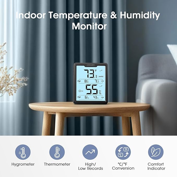 DOQAUS Digital Hygrometer Room Thermometer Indoor, Humidity Meter with Large LCD Display, Backlight Temperature Humidity Monitor with Max Min Records, Black - Image 4
