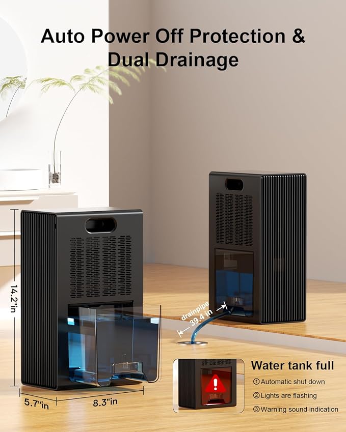 Dehumidifier for Home, 95 OZ Water Tank, (1000 sq.ft) Dehumidifiers for Bathroom Bedroom Basement with Drain Hose, Auto Shut Off Black - Image 4