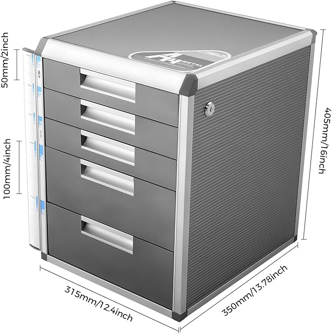 Metal Drawer Box, Luminium Alloy File Organiser with Lockable Drawers With 5 Drawers File Organiser for Home, Office - Image 2
