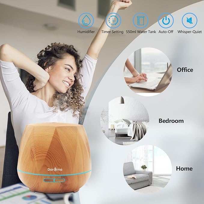 550ml Essential Oil Diffuser, DAROMA Upgraded Remote Control 6 in 1 Aromatherapy Ultrasonic Cool Mist Humidifier, 7 Color Changing Mood Lights & Waterless Auto-Off for Home Office Gift, Light Wood - Image 4