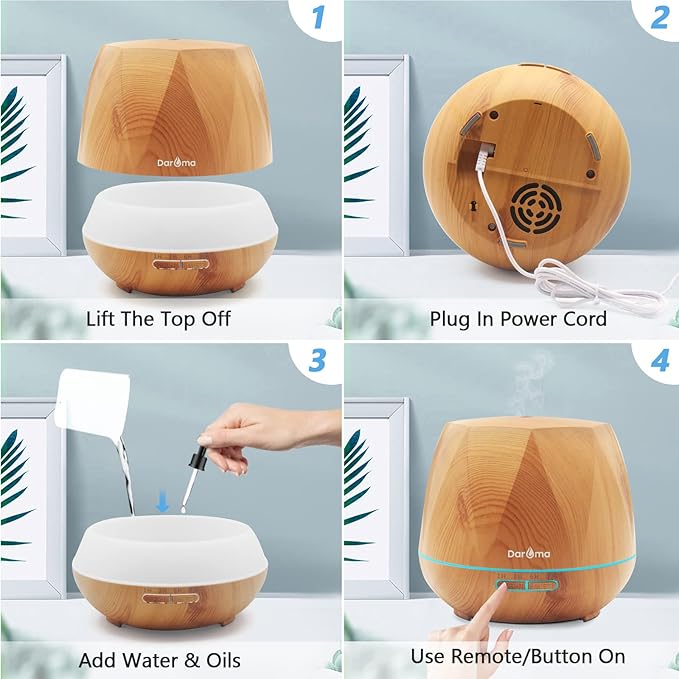 550ml Essential Oil Diffuser, DAROMA Upgraded Remote Control 6 in 1 Aromatherapy Ultrasonic Cool Mist Humidifier, 7 Color Changing Mood Lights & Waterless Auto-Off for Home Office Gift, Light Wood - Image 7
