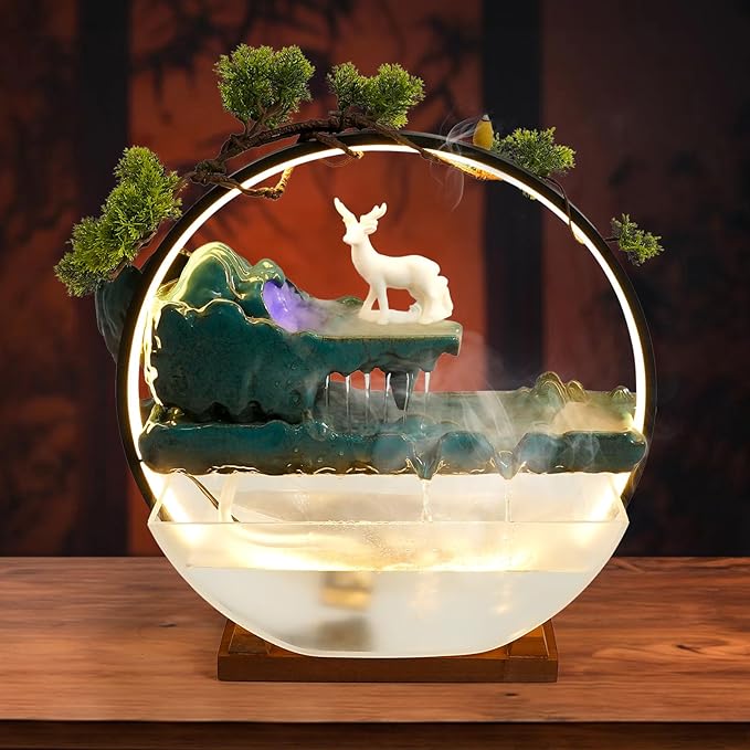 Tabletop Decoration Water Fountains Indoor Waterfall Fountains Humidifie with LED Light and Atomizer, Japanese Zen Decor for Meditation Fake Plants Bonsai Gift Feng Shui Decor - Image 4
