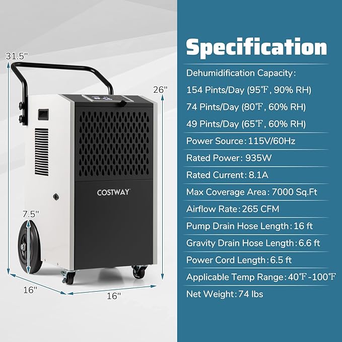 COSTWAY 154 Pints Commercial Dehumidifier with Pump, Portable Industrial Heavy Duty Large Dehumidifier with Drain Hoses for Basements, Job Sites (White) - Image 9