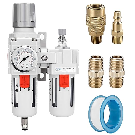 NANPU 1/2" NPT Compressed Air Filter Regulator Lubricator Combo Water/Oil Trap Separator - Gauge(0-150 psi), Poly Bowl, Semi-Auto Drain, Bracket by NANPU