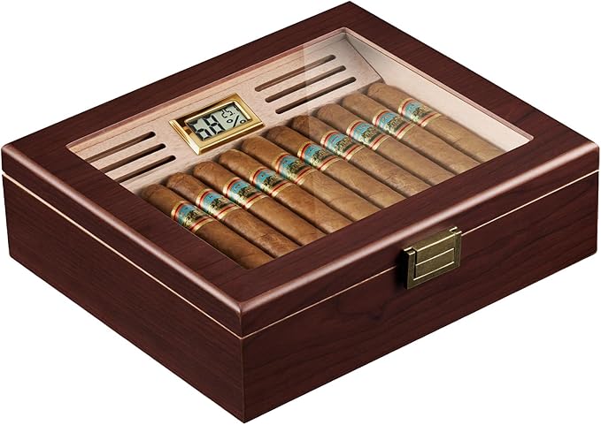 ProCase Wood Cigar Humidor Box, Wooden Desktop Cigar Storage Case, with Humidifier，Cedar Lining, Glass Top, Digital Hygrometer, Gift for Men Dad Boyfriend, Father's Day by ProCase