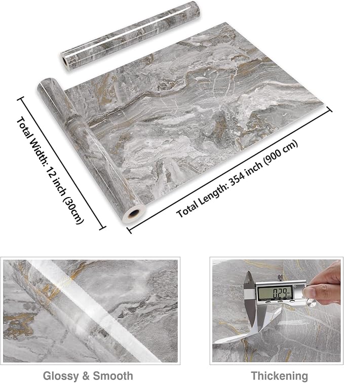 CRE8TIVE Slate Grey Gold Marble Wallpaper Peel and Stick Glossy Marble Contact Paper for Countertops Waterproof 12"x354" Thick Self Adhesive Removable Wallpaper for Bathroom Bedroom Cabinets Shelves - Image 8