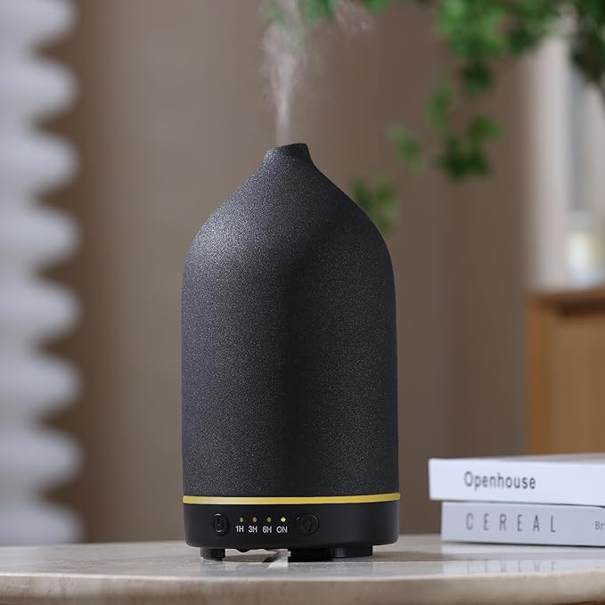 200ML Ceramic Essential Oil Diffuser - Ultrasonic Aromatherapy & Humidifier with 7-Color LED Lights, Auto Shut-Off, Black, 1H/3H/6H Timer | Scent for Home, Office, Yoga by Gooamp