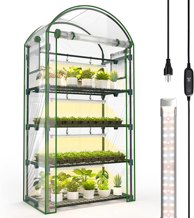 Bstrip Indoor Greenhouse with Grow Light, 4-Tier Mini Green House, 4Pcs Grow Lights for Indoor Plants with Timer, Zippered PVC Grow Tent with Airflow Windows, Indoor Greenhouse Cabinet 35x19.3x63in by Bstrip