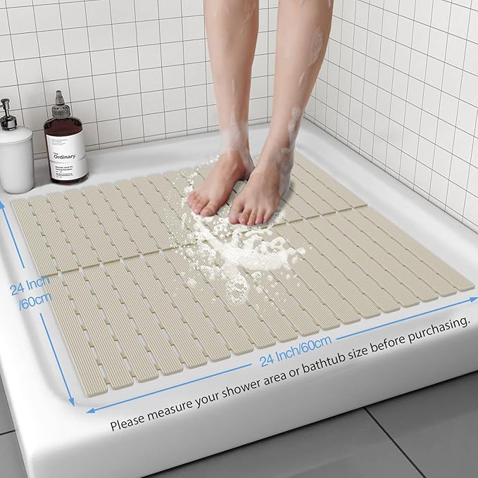 ​Shower Mat Non-Slip Bath Mat for Tub and Shower Stall,200+ Suction Cups with Drain Holes, Quick Dry Machine Washable, Extra Grip for Stand Up Showers, Bathroom Essentials 24x24 Inch (Light Brown) - Image 3