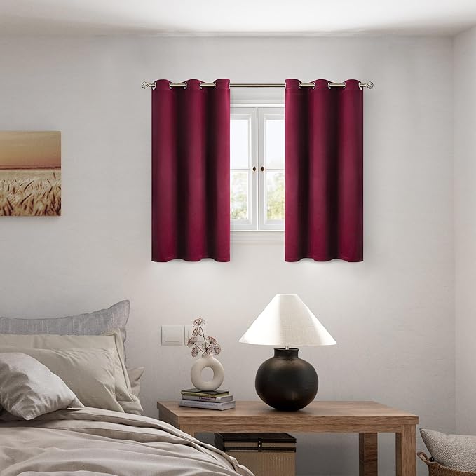 BGment Short 100% Blackout Curtains for Bedroom, Thermal Insulated Lined Energy Efficiency Noise Reducing Grommet Curtains 54 Inch Length for Small Window 2 Panels Each 42 Inch Wide, Burgundy Red - Image 2