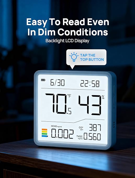 7-in-1 Air Quality Monitor Indoor, Air Analysis Apparatus, 5s Backlight Air Quality Meter for TVOC, HCHO, Temp, Hum, Temperature Humidity Monitor for Home, Office, Hotel - Image 2