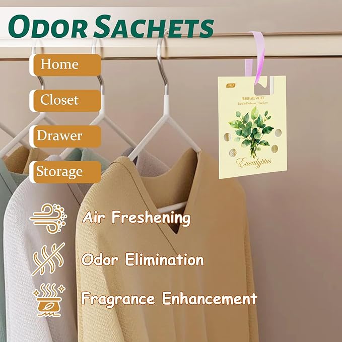 MR.A 13 Packs Eucalyptus Scented Sachets, Fragrance Sachet Bags for Drawers and Closets, Air Fresheners for Car and Home, Closet Deodorizer Scented Drawer Fresheners for Dresser with Hanger Hooks - Image 6