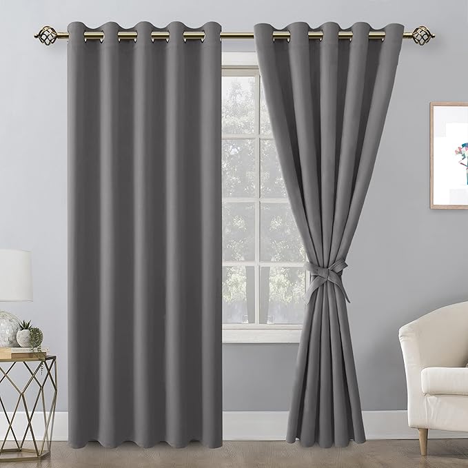 Hiasan Blackout Curtains for Bedroom, 60 x 84 Inches Long - Thermal Insulated & Light Blocking Window Curtains for Living Room, 2 Drape Panels Sewn with Tiebacks, Light Grey - Image 2