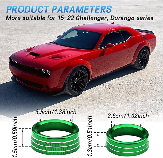 3PCS Air Conditioner Switch Button Knob Cover, Auto Accessories Climate Control Knob Covers, Aluminum Alloy Knob Ring Trim Cover Compatible with Dodge Challenger Durango 2015-2022 (Green) - Image 6