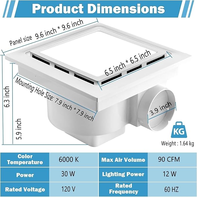 Nalle Ventilation Fans Bathroom Exhaust Fan with Light 9.6 inch Panel 6000K 12W Square LED 90 CFM 1.0 Sones 4 Inch Duct 110V Quiet Ceiling Mount Exhaust Fan for Shower,Bathroom,Office,Home (FFL-200) - Image 4
