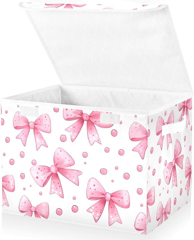 xigua Bows and Polka Dots Storage Bins with Lids and Carrying Handle,Foldable Storage Boxes Organizer Containers Baskets Cube with Cover for Home Bedroom Closet Office - Image 2
