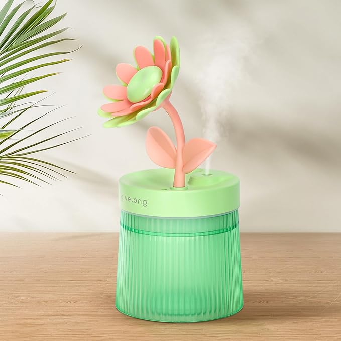 Cute Flower Mini Humidifier, 260ml Sunflower Desktop Humidifiers for Bedroom, Portable Small Cool Mist Humidification for Home, Baby Nursery, Office & Indoor Plants, USB Powered (Green) by Cerrota