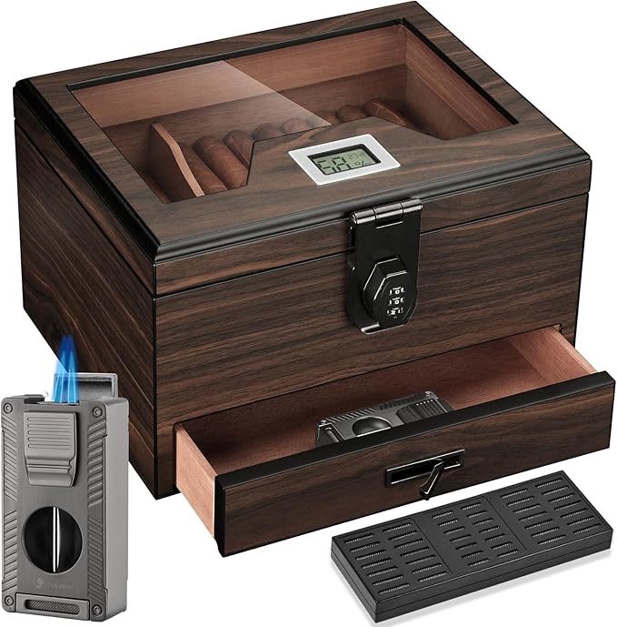 Cigar Humidor and Cigar Lighter Kit, Cedar Wood Cigar Case with Digital Hygrometer and Combo Lock, Multi-Function All-in-1 Butane Lighter and Humidor Box, Cigar Gift for Men, Can Hold 50 Cigars by LIHTUN