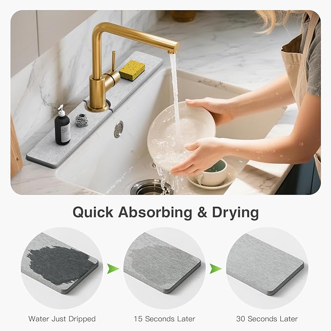 23.6" x 4" Stone Faucet Mat for Kitchen Sink, Quick Drying Diatomite Sink Tray, Faucet Sink Splash Guard for Prevents Moisture Buildup (Light Gray) - Image 3