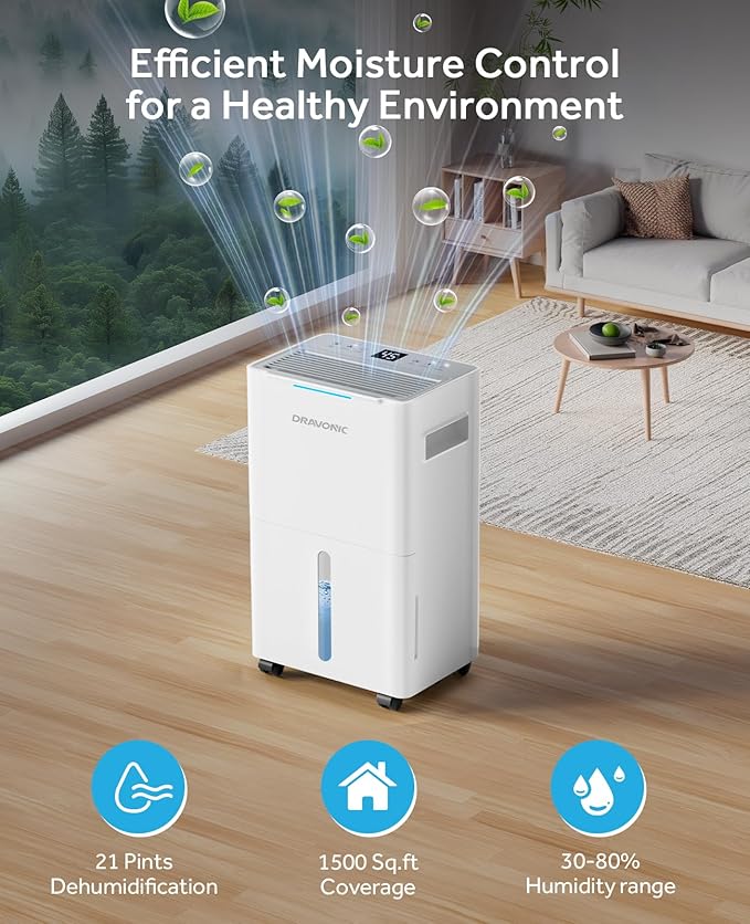 Dehumidifiers for Home with Drain Hose, Smart Humidity Control, 3 Modes for Bedroom and Bathroom, Dry Clothes, 24H Timer (Off-Gray, 21 Pints) - Image 2