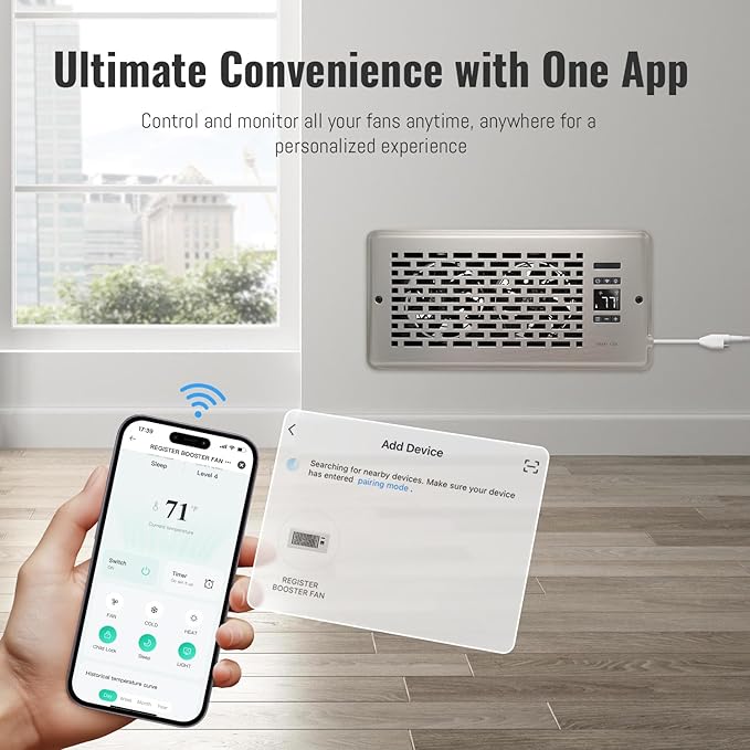Register Booster Fan for 4" x 10" Register Holes, Quiet Vent Fan Booster with Intelligent Thermostat, Improves Heating Cooling, App Control, 10-Speeds, Manhattan Smart Register Vent, SN - Image 2