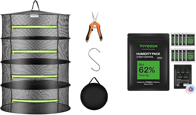 VIVOSUN 4-Layer Mesh Drying Rack Hanging Design with Green Zippers for Dehydrating and 62% RH Two-Way Humidity Control Packs, Size 4 g, 10 Packs for Storing 1/2 oz, Moisture Balancer by VIVOSUN