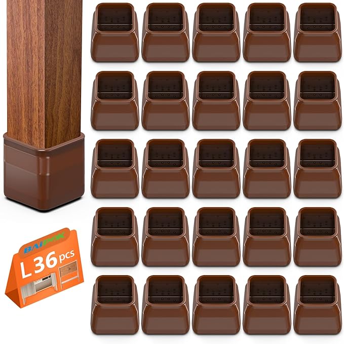 BAIPOK 36Pcs Chair Leg Floor Protectors, Square Silicone Chair Leg Protectors for Hardwood Floors, Felt Furniture Pads Chair Sliders, Chair Leg Covers, Reduce Noise & No Scratch, Brown, Large by BAIPOK