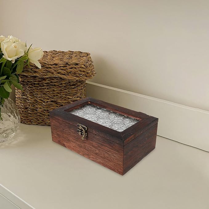 Wood Jewelry Box with Glass Lid and Metal Clasp Vintage Flower Jewelry Trinket Organizer for Keepsakes and Collectibles Small Paulownia Wood for Home Storage - Image 7
