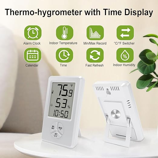 Urageuxy Digital Hygrometer Indoor Thermometer with Min Max Records, Humidity Gauge with Clock for Room, Home, Bedroom, Office, Greenhouse, Cellar - Image 3