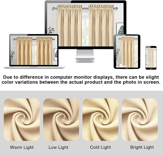 DWCN Beige Room Darkening Curtains for Kitchen/Bedroom, 60 x 36 inches Long - Energy Saving Window Drapes for Nursery with Rod Pocket, Set of 2 Panels - Image 2