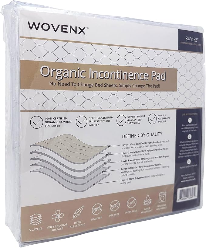 Organic Incontinence Pads for Kids & Toddlers - 5 Layer Waterproof Protectors for Overnight Bed Wetting - Reusable & Washable Pee Pads - Fits Twin to Full Size Beds - 34" x 52" White - Image 2