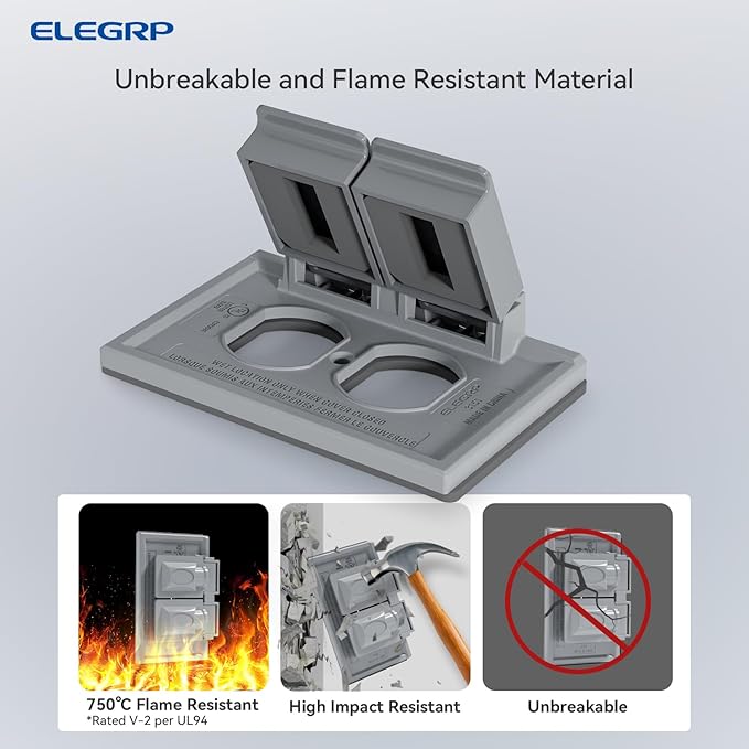 ELEGRP Horizontal Outdoor Cover for Duplex Receptacles, 2-Hole Weatherproof Wall Plate, Outdoor Electrical Outlet Cover, Standard Size 1-Gang 4.55” x 3.02”, Thermoplastic, 6 Pack, Grey - Image 2